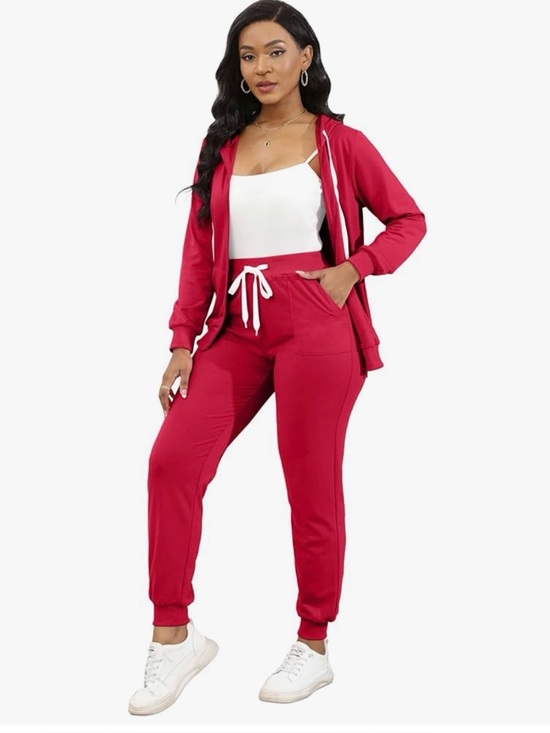 Pants - Red 2 Piece Tracksuit Set Zip Hoodie & Jogger Pants Lounge Set